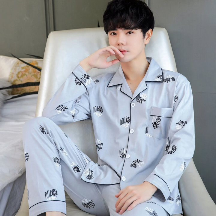 Herren-Pyjama-Set, 100% Baumwolle, Langarm