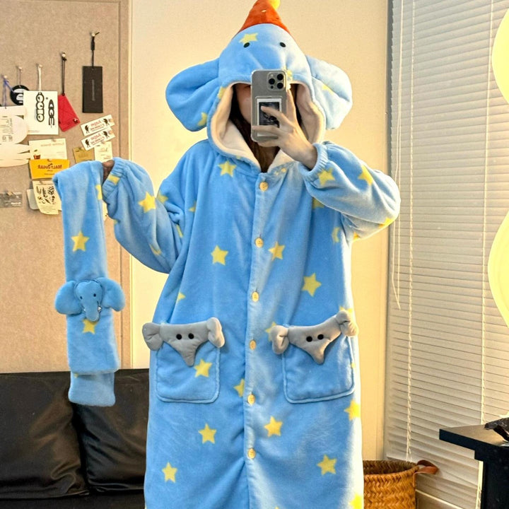 Damen-Pyjama-Set, Flanell, warm, Elefanten-Design