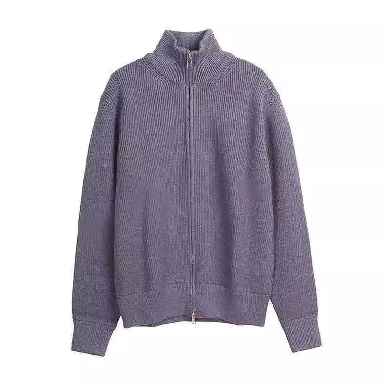 Lockerer Damen-Strickpullover mit Reißverschluss und Stehkragen