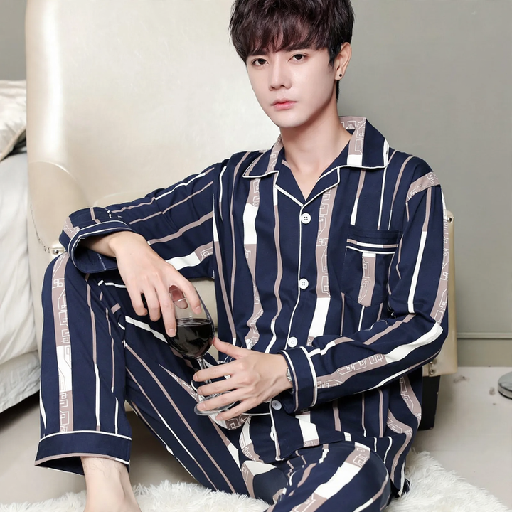 Herren-Pyjama-Set, 100% Baumwolle, Langarm, Übergrößen