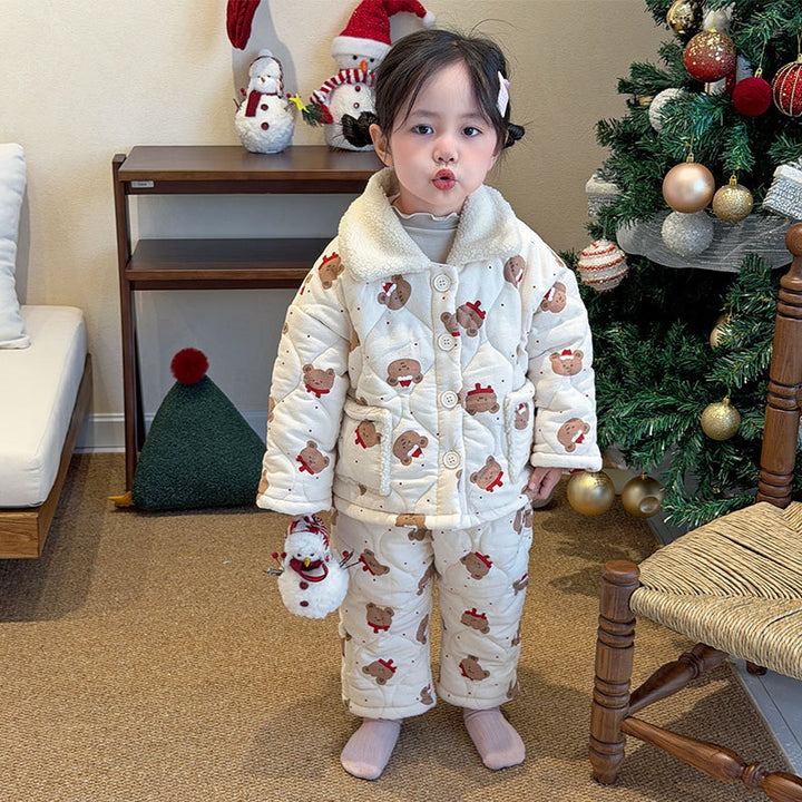 Gefüttertes Kinder-Pyjama-Set, 3-lagig, warm für den Winter