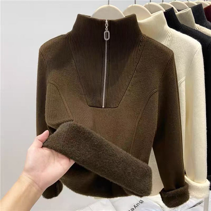 Gefütterter Damen-Strickpullover mit Reißverschluss
