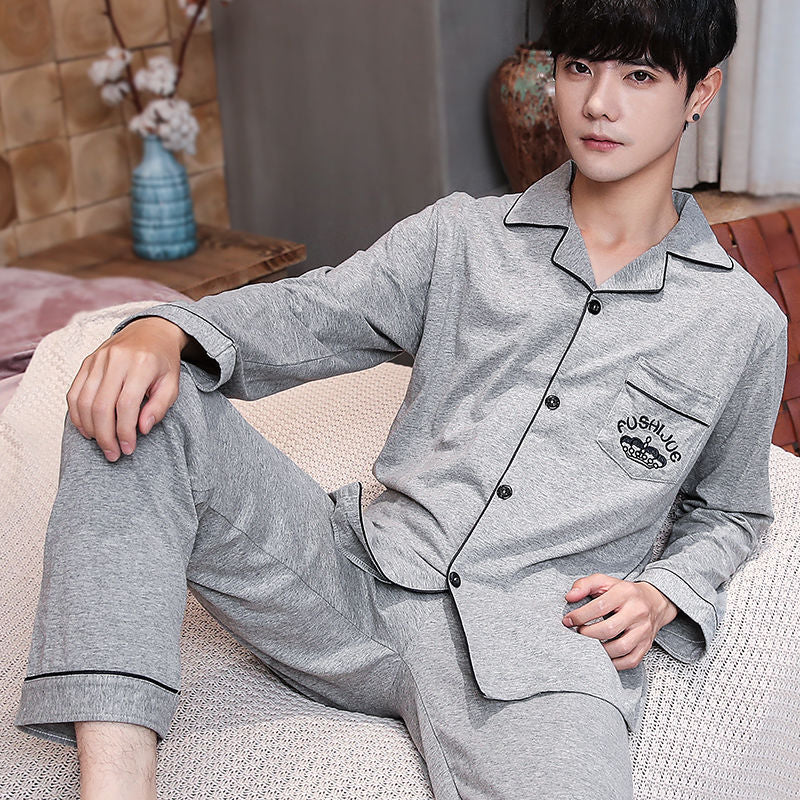 Herren-Pyjama-Set, 100% Baumwolle, langärmelig, geknöpft