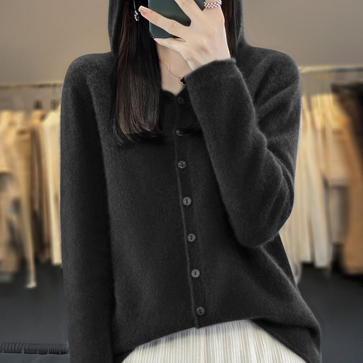 Damen-Strickjacke aus Merinowolle mit Kapuze