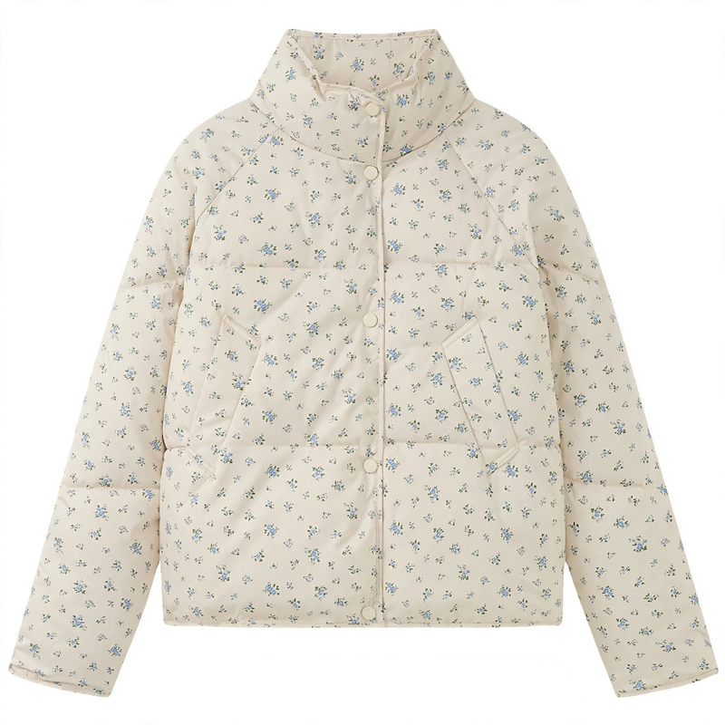 Kurze Damen-Steppjacke mit Blumenmuster, Oversize-Schnitt