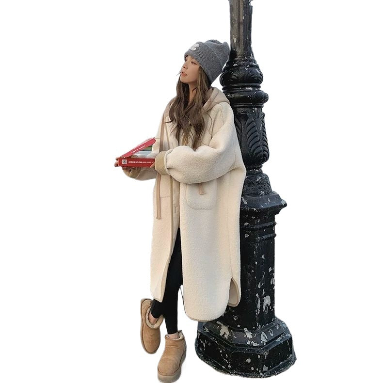 Damen Lammfleece-Mantel mit Kapuze, mittellang, warm