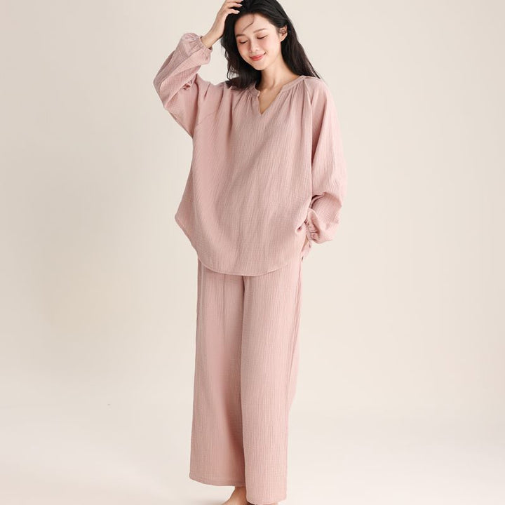 Damen-Pyjama-Set, Doppelschicht-Gaze, V-Ausschnitt