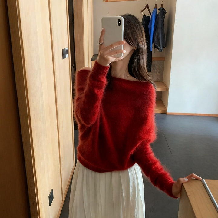 Damen-Strickpullover mit Carmen-Ausschnitt, locker