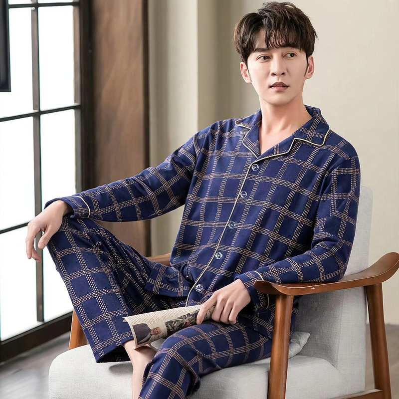 Herren-Pyjama-Set, 100% Baumwolle, langärmelig, geknöpft