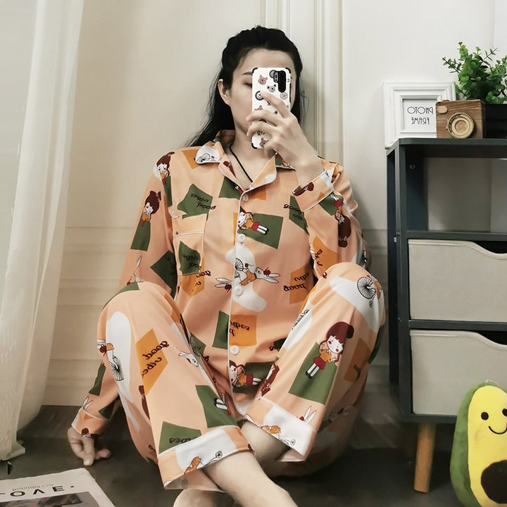 Damen-Pyjama-Set, langärmelig, geknöpft, verspieltes Design