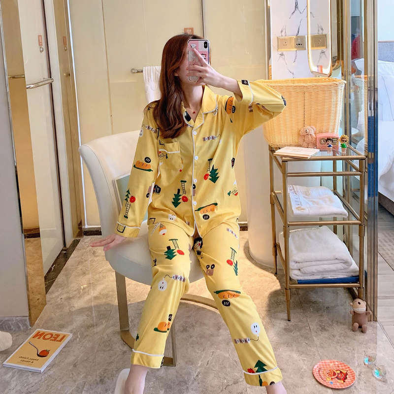 Damen-Pyjama-Set, langärmelig, geknöpft, verspieltes Design