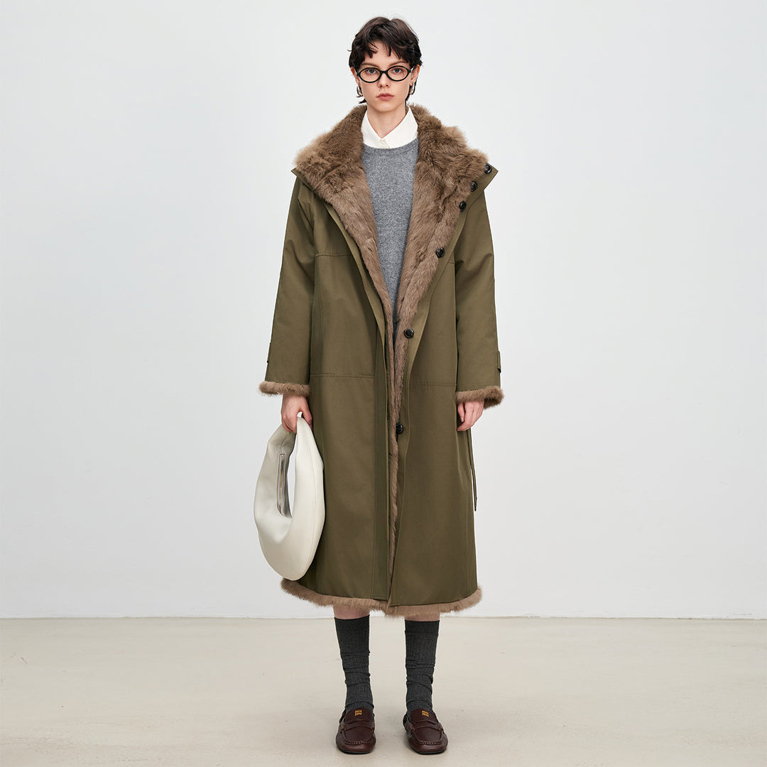 Langer Damen-Parka mit Kaninchenfell-Futter