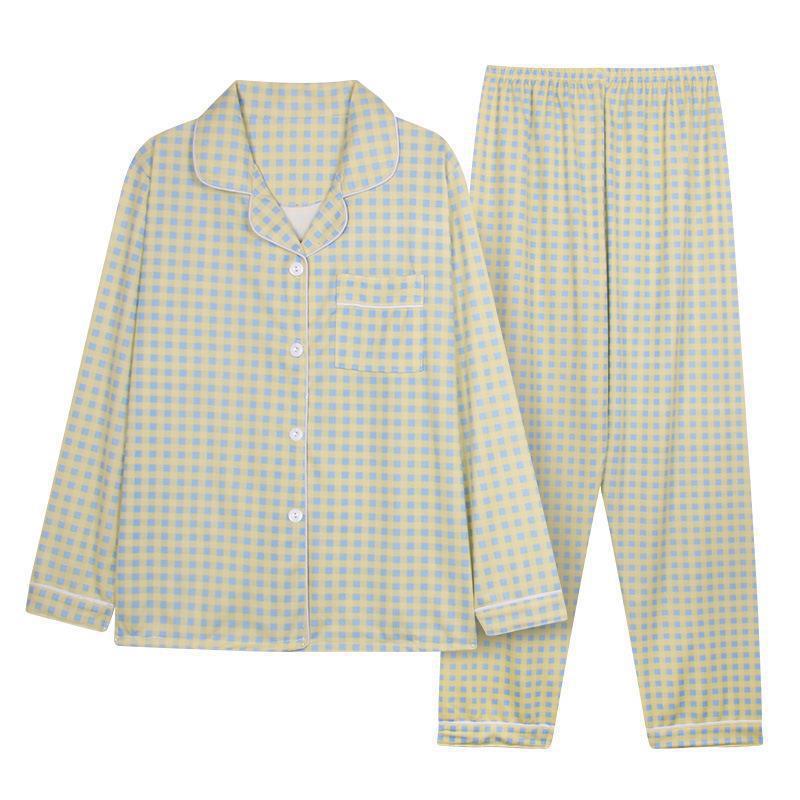 Damen-Pyjama-Set, langärmelig, kariert, gemütliche Hauskleidung