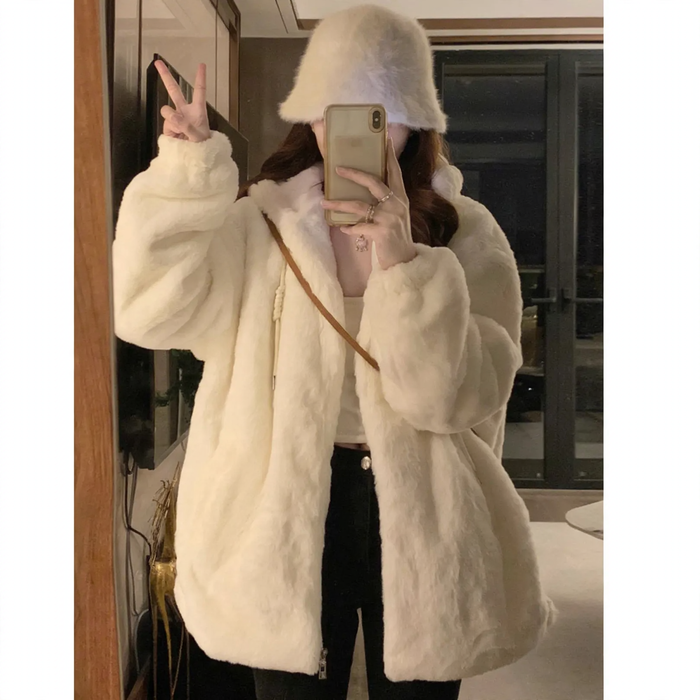 Lässige Lammfleece-Kapuzenjacke für Damen