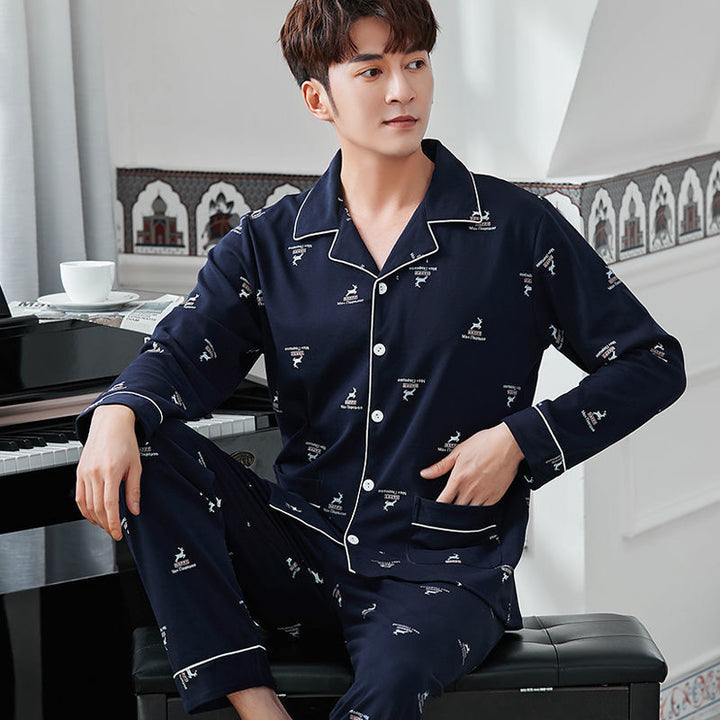 Herren-Pyjama-Set, 100% Baumwolle, langärmelig, geknöpft