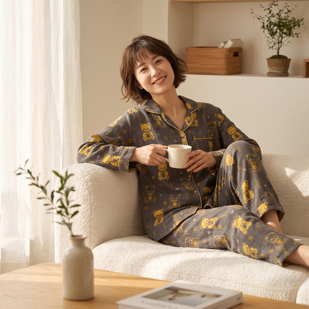 Damen-Pyjama-Set aus Baumwoll-Doppelgaze mit Revers