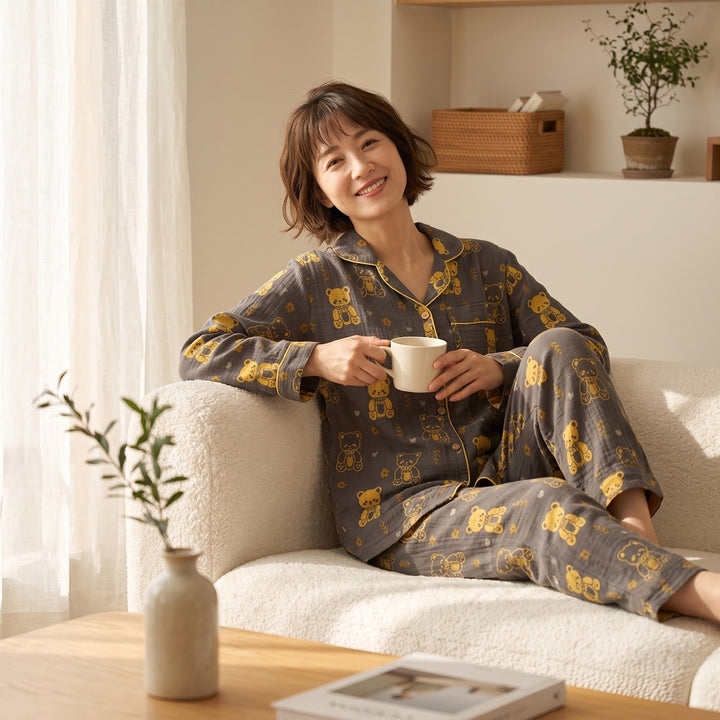 Damen-Pyjama-Set aus Baumwoll-Doppelgaze mit Revers