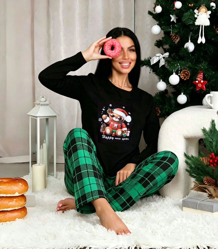 Damen-Pyjama-Set, Langarm, kariert, für gemütliche Stunden