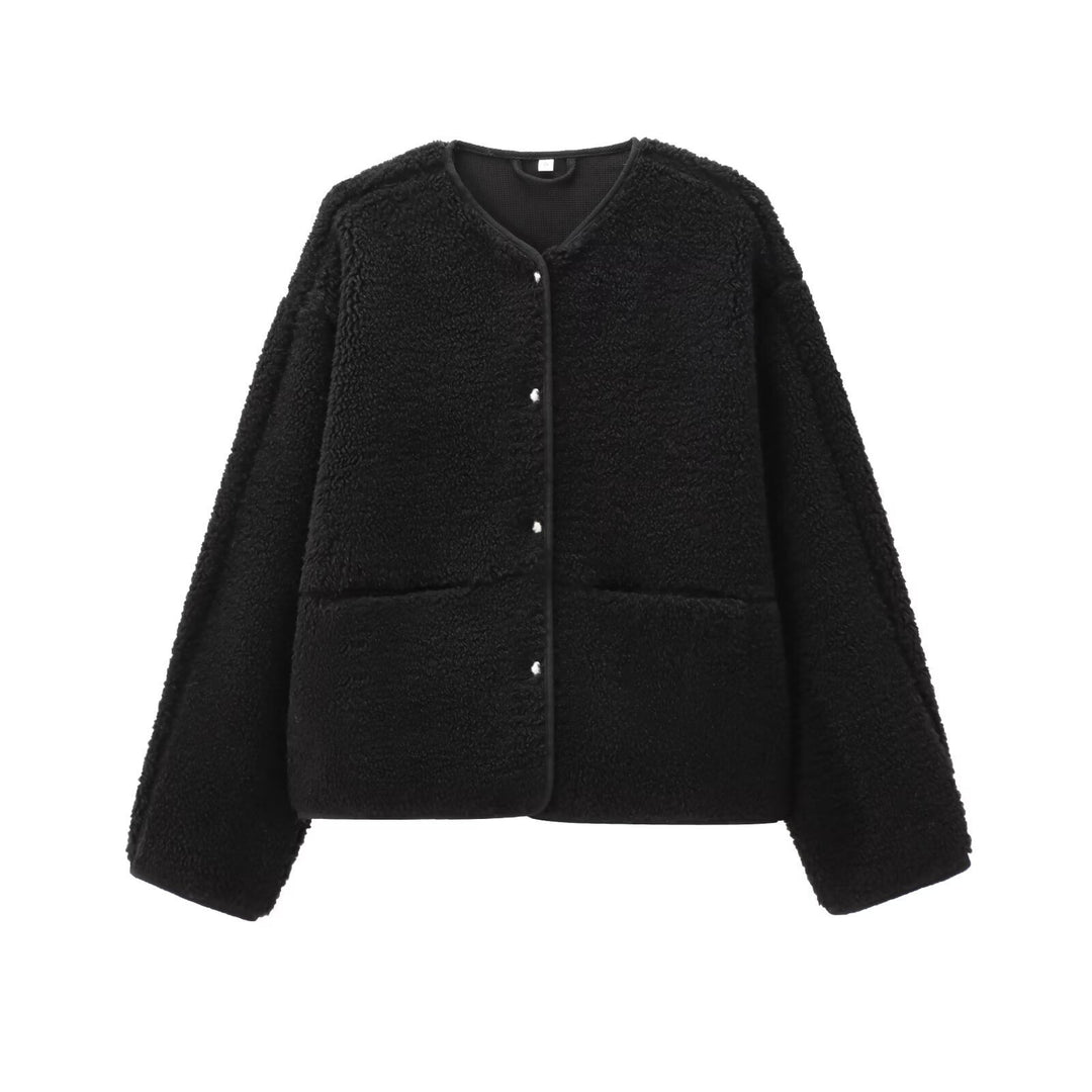 Damen Teddyfleece-Jacke, Rundhalsausschnitt, schlicht