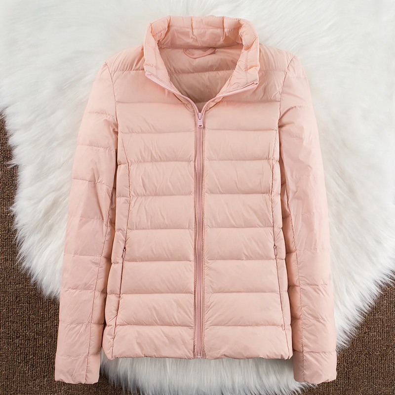 Leichte Damen-Daunenjacke mit Kapuze und Stehkragen