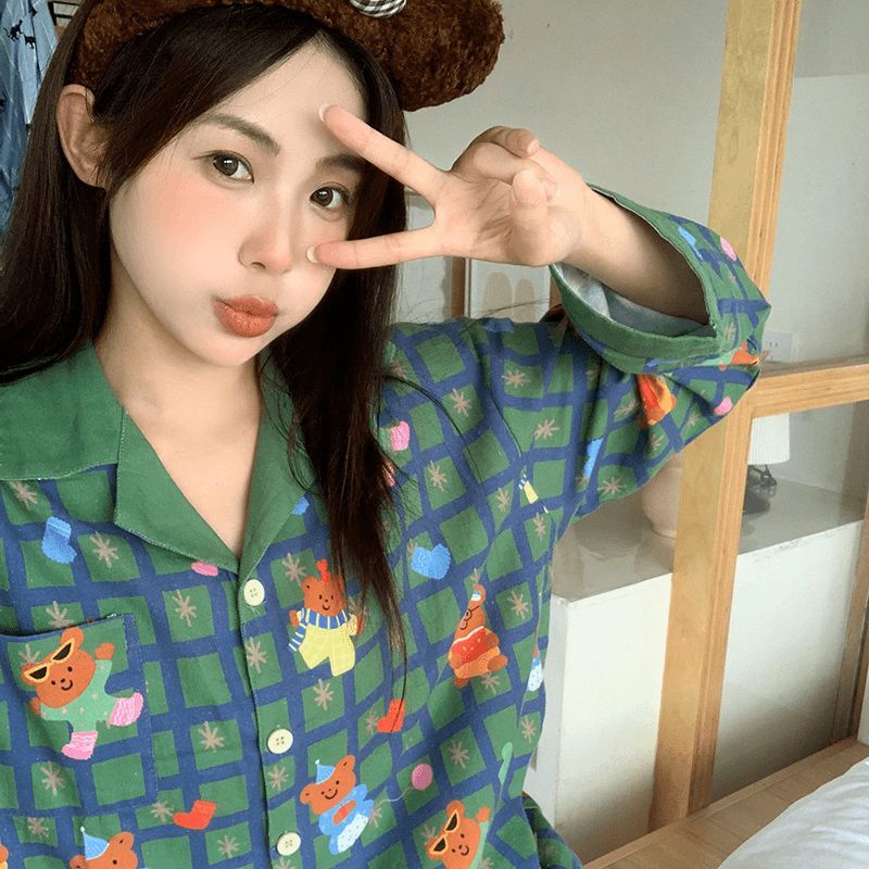 Damen-Pyjama-Set aus Baumwollmischgewebe mit Karomuster