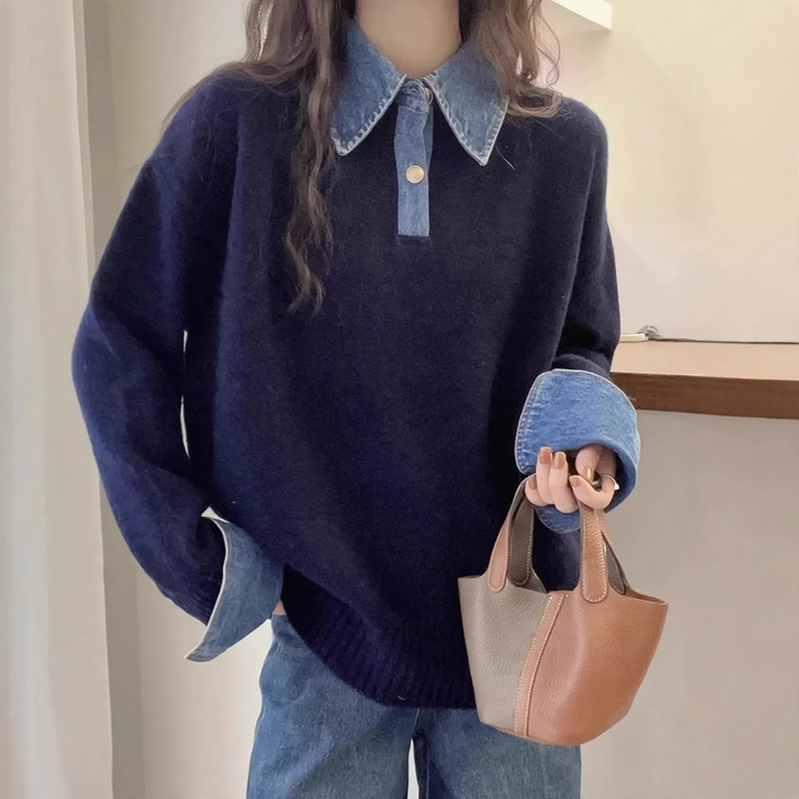 Damen-Strickpullover mit Polo-Kragen und Jeans-Ärmeln