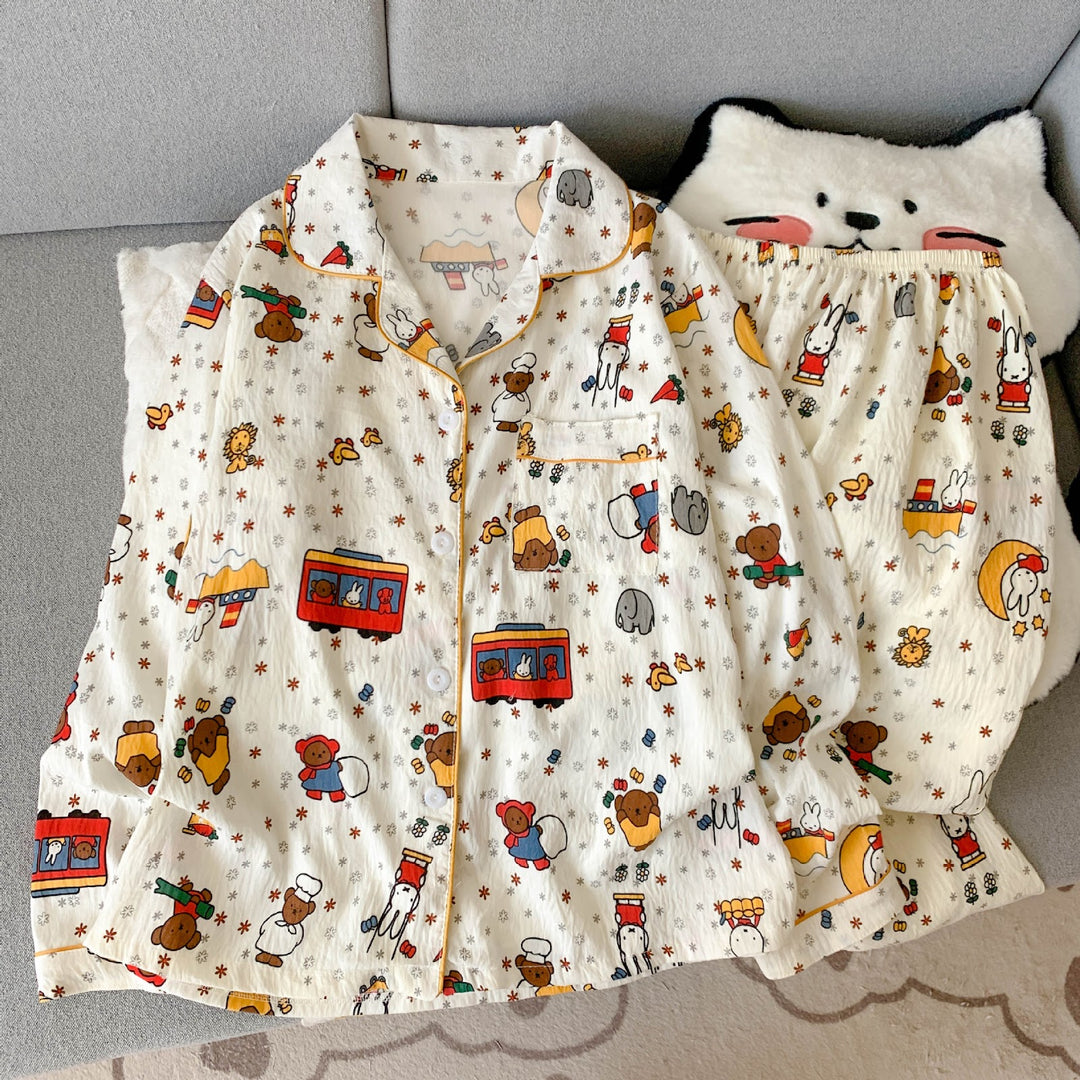 Damen Schlafanzug-Set, Langarm, Baumwoll-Mix, Cartoon-Muster