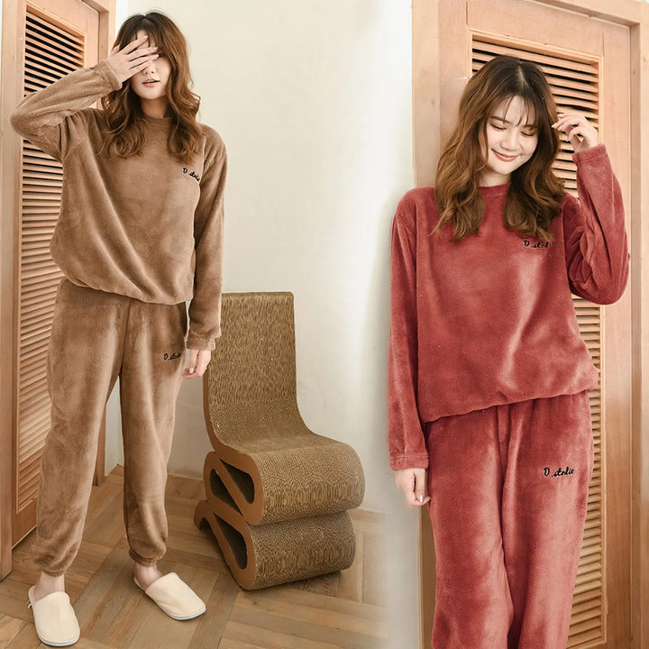 Damen-Schlafanzug aus Korallenfleece, warm, lockere Passform