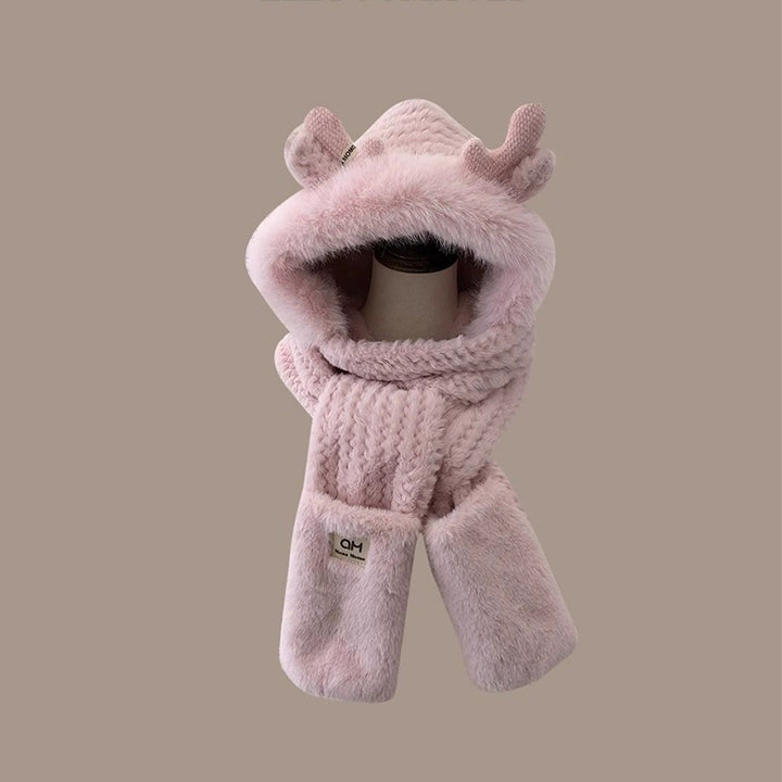 Damen Winter-Set: Plüsch-Kapuzenmütze mit Schal und Handschuhen