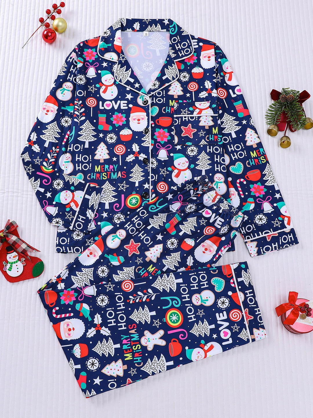 Damen-Pyjama-Set, gestreift, Weihnachtsbaum-Druck, Reverskragen