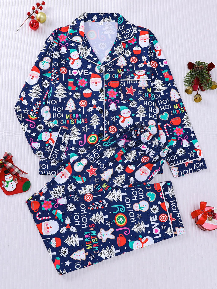 Damen-Pyjama-Set, gestreift, Weihnachtsbaum-Druck, Reverskragen