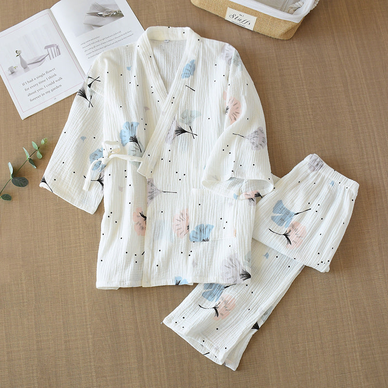 Damen-Kimono-Hausanzug aus Baumwoll-Musselin mit Ginkgo-Muster