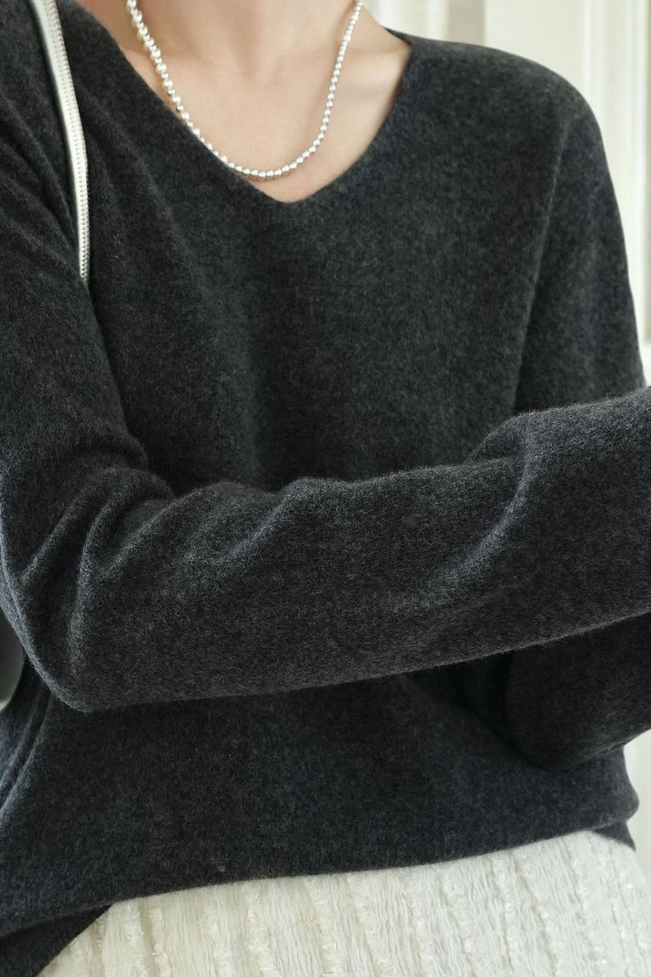 Damen-Wollpullover, V-Ausschnitt, lockere Passform