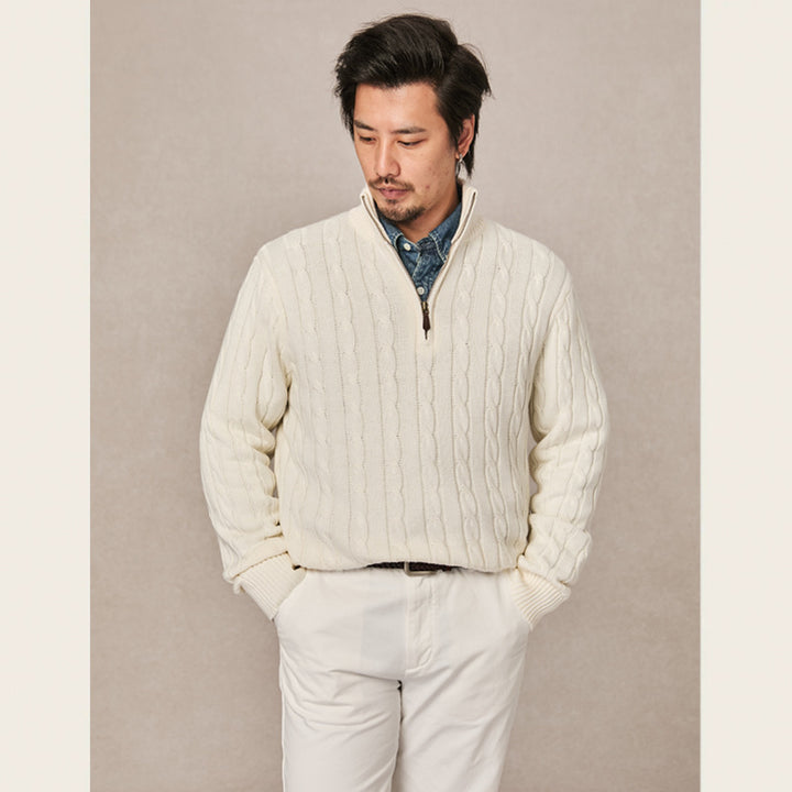 Herren-Strickpullover, Stehkragen mit Reißverschluss, Zopfmuster