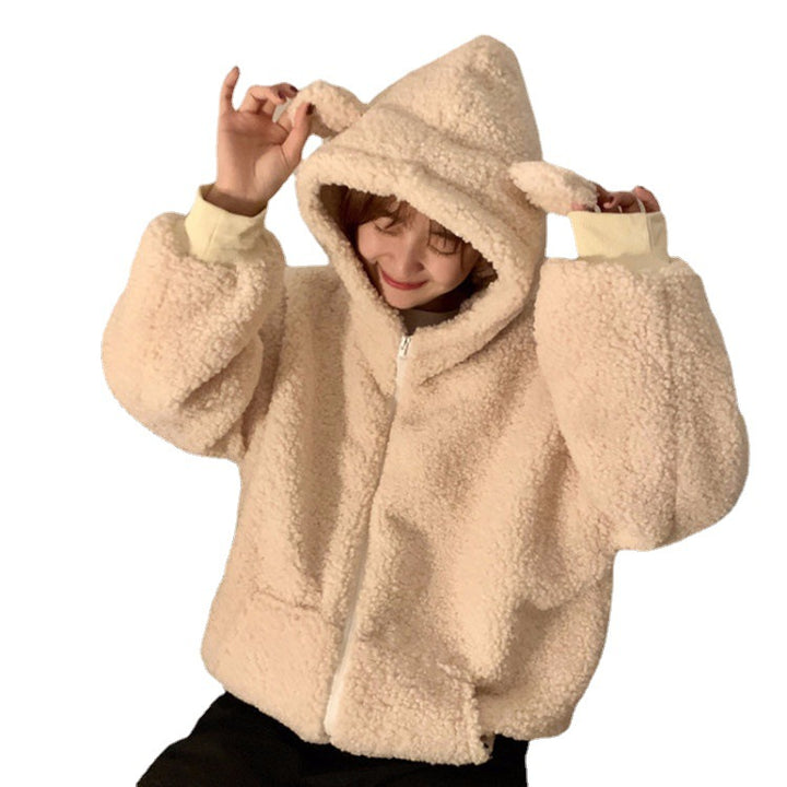 Flauschige Damenjacke mit Kapuze und Ohren-Applikation