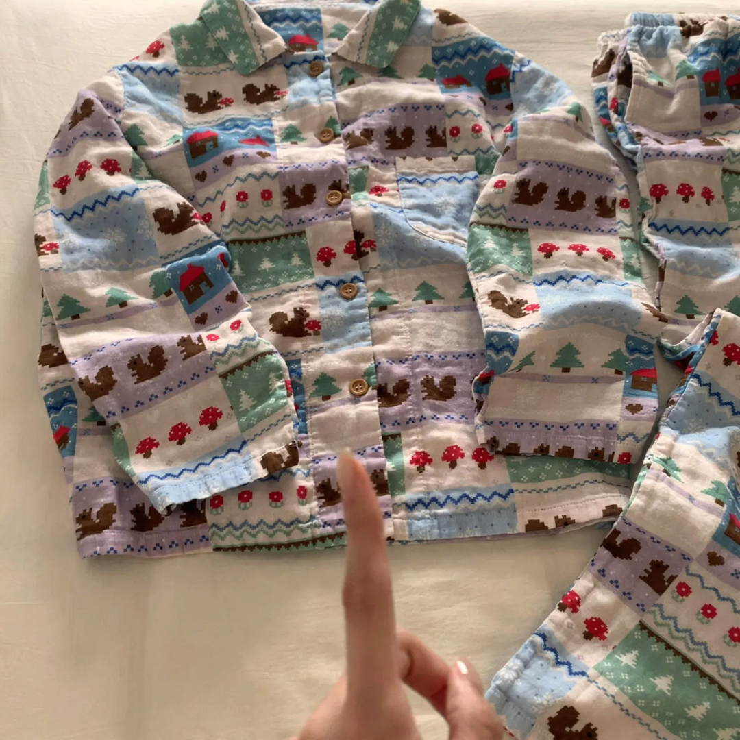 Damen-Pyjama-Set, langärmelig, mit Hütten-Druck