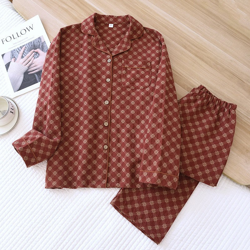 Damen-Pyjama-Set aus Baumwoll-Gaze, langärmelig, Vintage-Stil