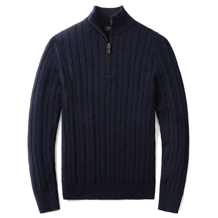 Herren-Strickpullover, Stehkragen mit Reißverschluss, Zopfmuster