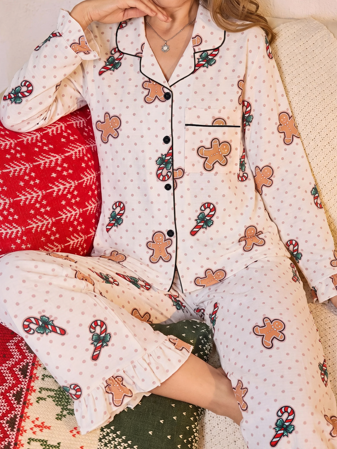 Damen-Pyjama-Set, gepunktet, für die Weihnachtszeit