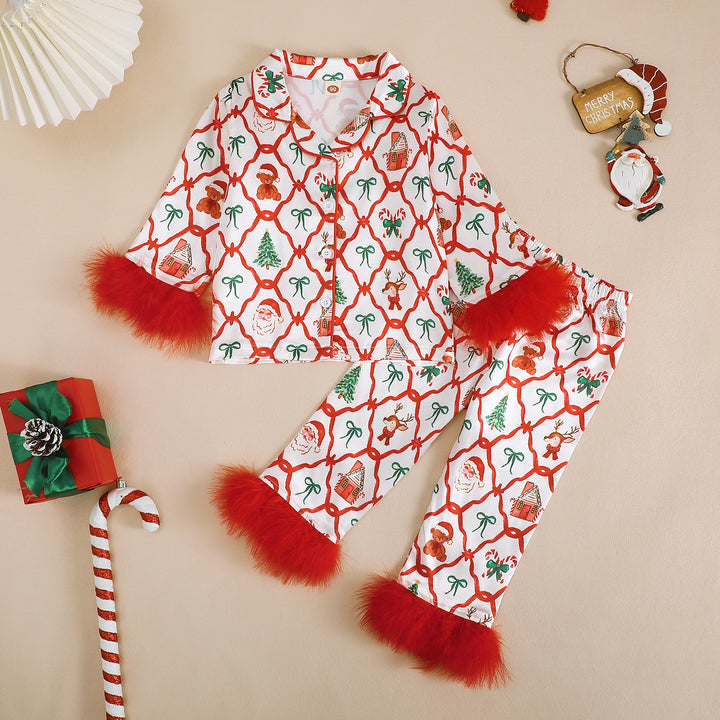 Mädchen-Pyjama-Set mit Schleife und Weihnachts-Print