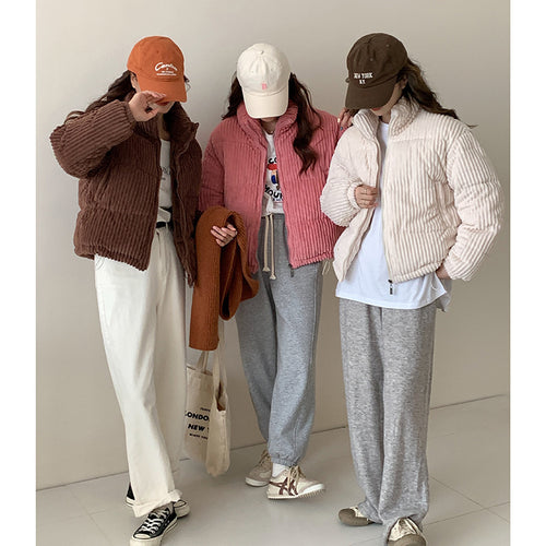 Kurze Damen-Winterjacke aus Cord mit Stehkragen