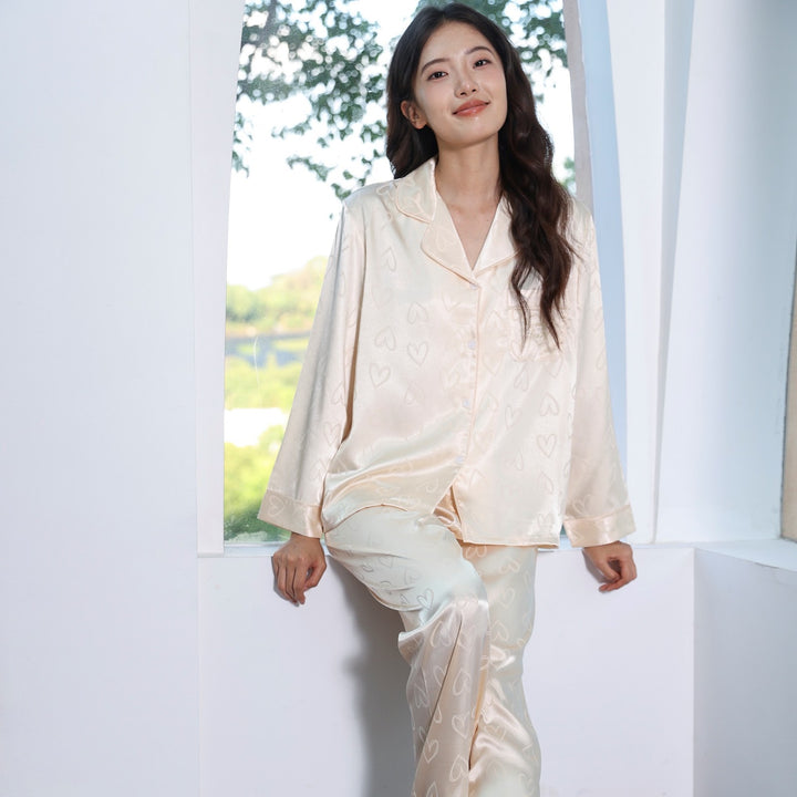 Damen-Pyjama-Set, Eisseide, Langarm, Herzmuster