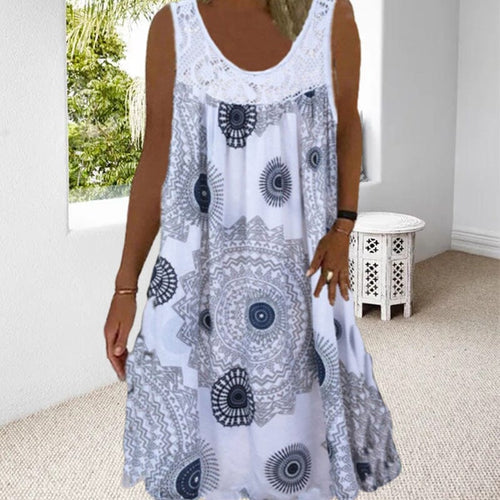 Drune | Damen Sommer O-Ausschnitt Ärmellosem Druck Kleid