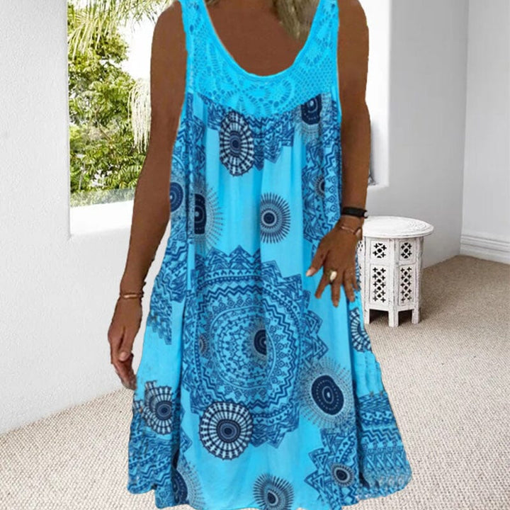 Drune | Damen Sommer O-Ausschnitt Ärmellosem Druck Kleid