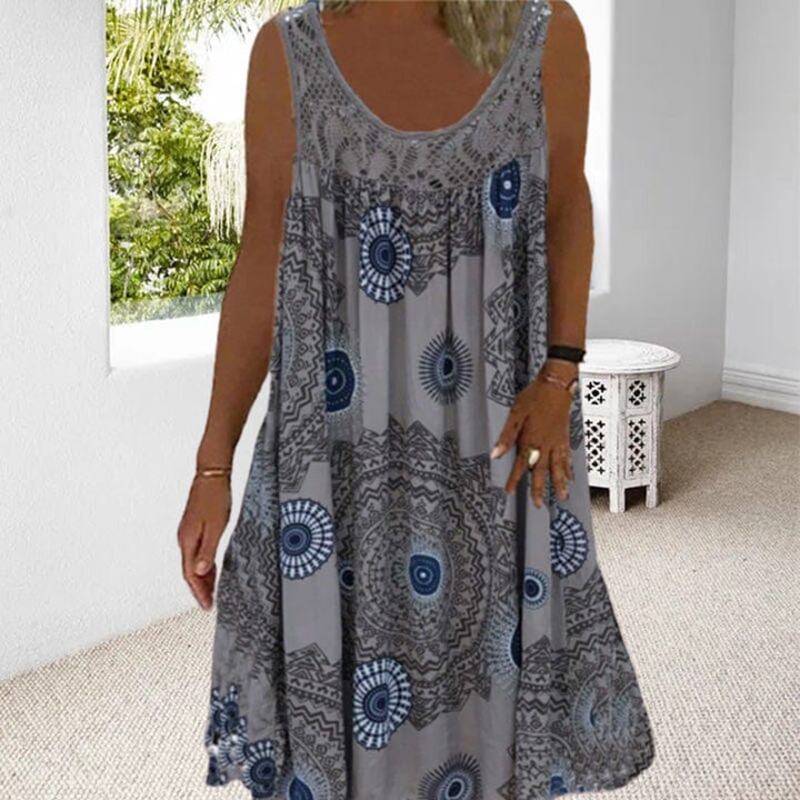 Drune | Damen Sommer O-Ausschnitt Ärmellosem Druck Kleid