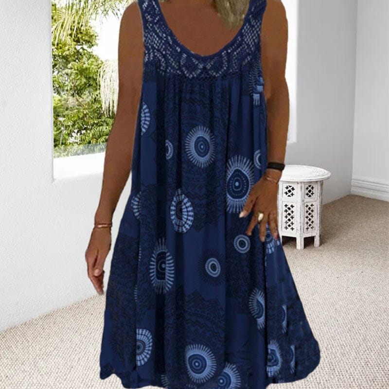 Drune | Damen Sommer O-Ausschnitt Ärmellosem Druck Kleid
