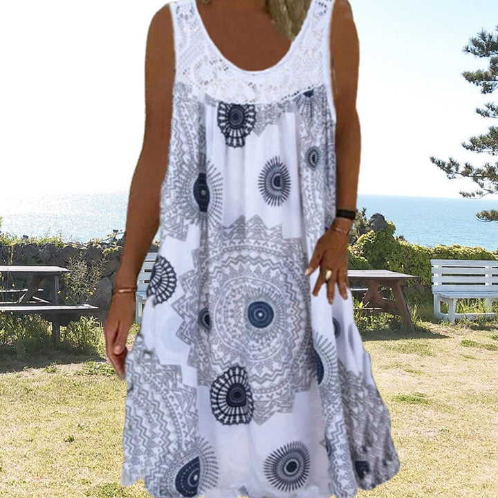 Drune | Damen Sommer O-Ausschnitt Ärmellosem Druck Kleid
