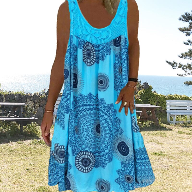 Drune | Damen Sommer O-Ausschnitt Ärmellosem Druck Kleid