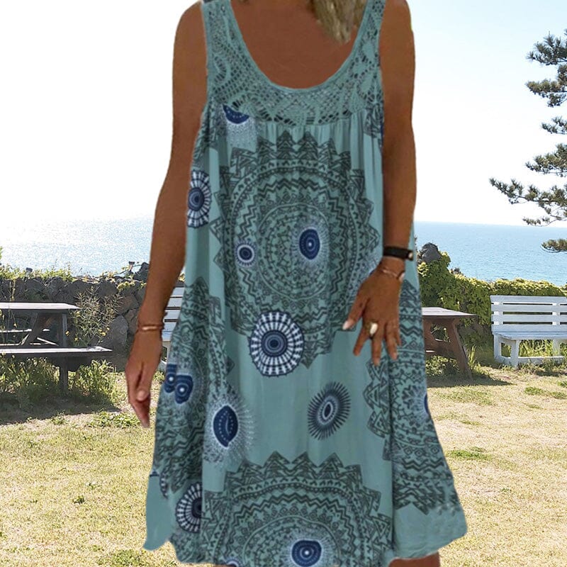 Drune | Damen Sommer O-Ausschnitt Ärmellosem Druck Kleid