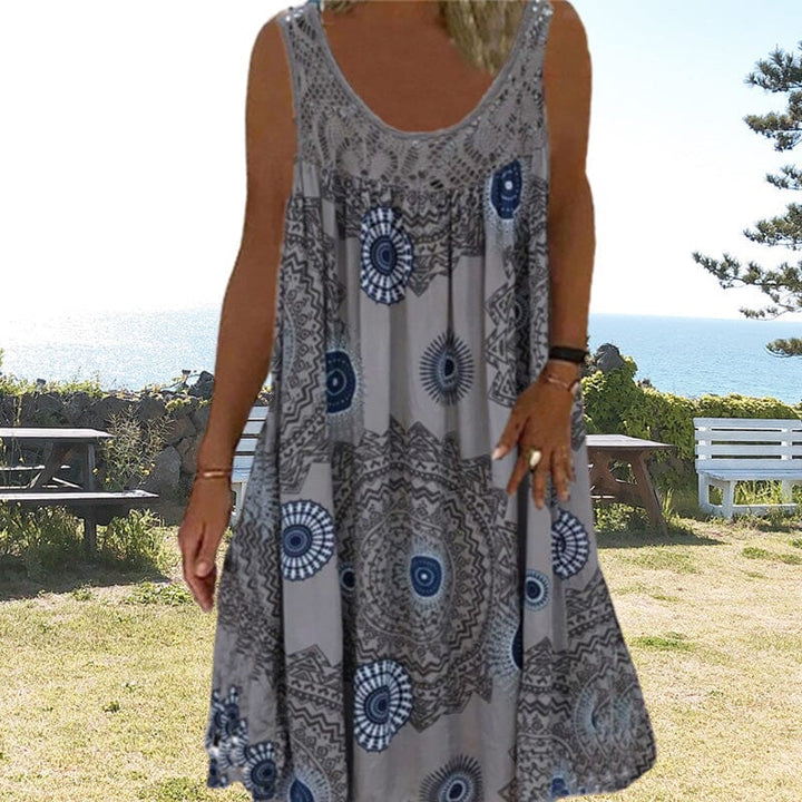 Drune | Damen Sommer O-Ausschnitt Ärmellosem Druck Kleid